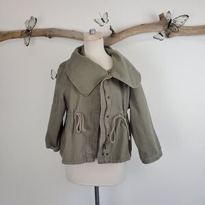 Hang 10 cropped green utility jacket shawl collar